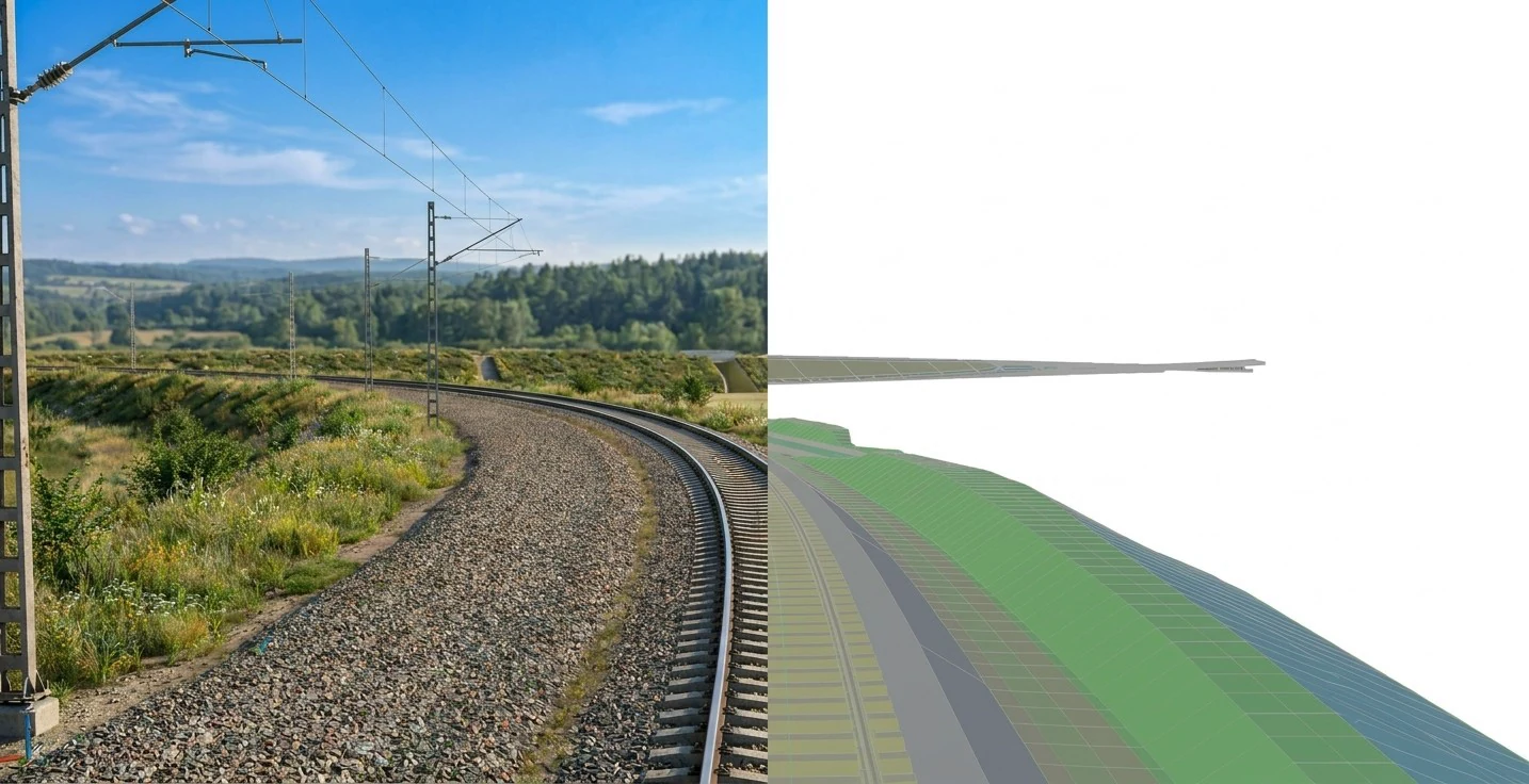Una linea ferroviaria in curva divisa a metà: a sinistra com'è costruita, con massicciata, binario e linea aerea; a destra il modello del corridoio, con piattaforma, strati e scarpate