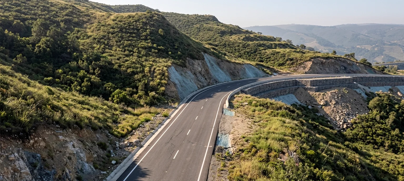 Strada di mezzacosta realizzata: curva in rilevato con muro in gabbioni e versante vegetato