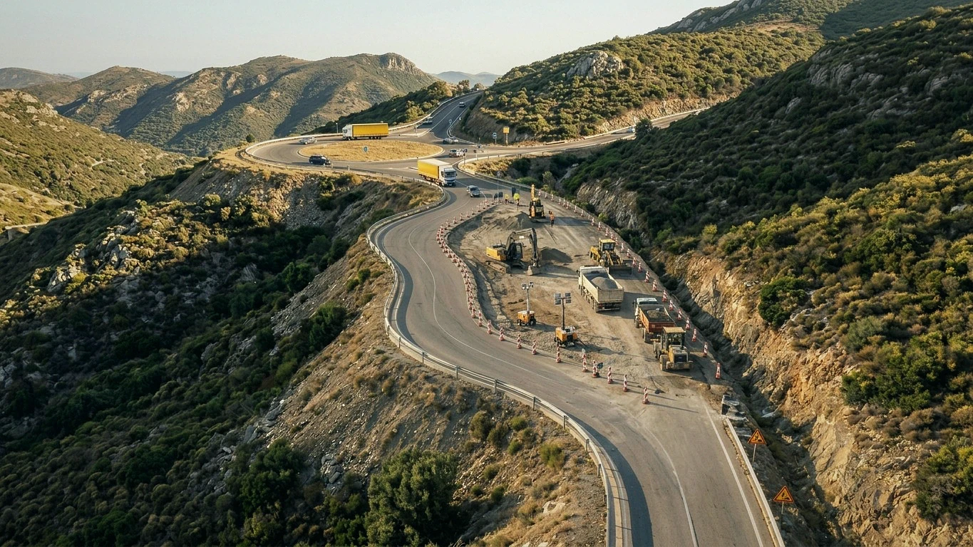 Strada di montagna con deviazione provvisoria: traffico deviato su una corsia, area di cantiere delimitata da coni con escavatori e mezzi d'opera