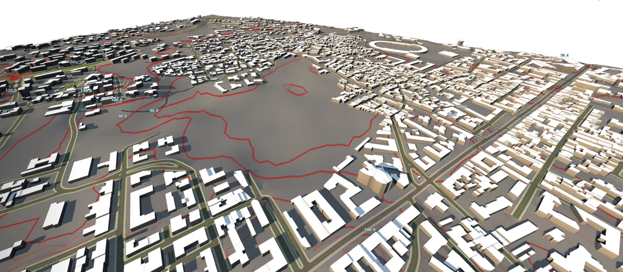 Modello tridimensionale di un tessuto urbano adagiato sul terreno, con le curve di livello in evidenza