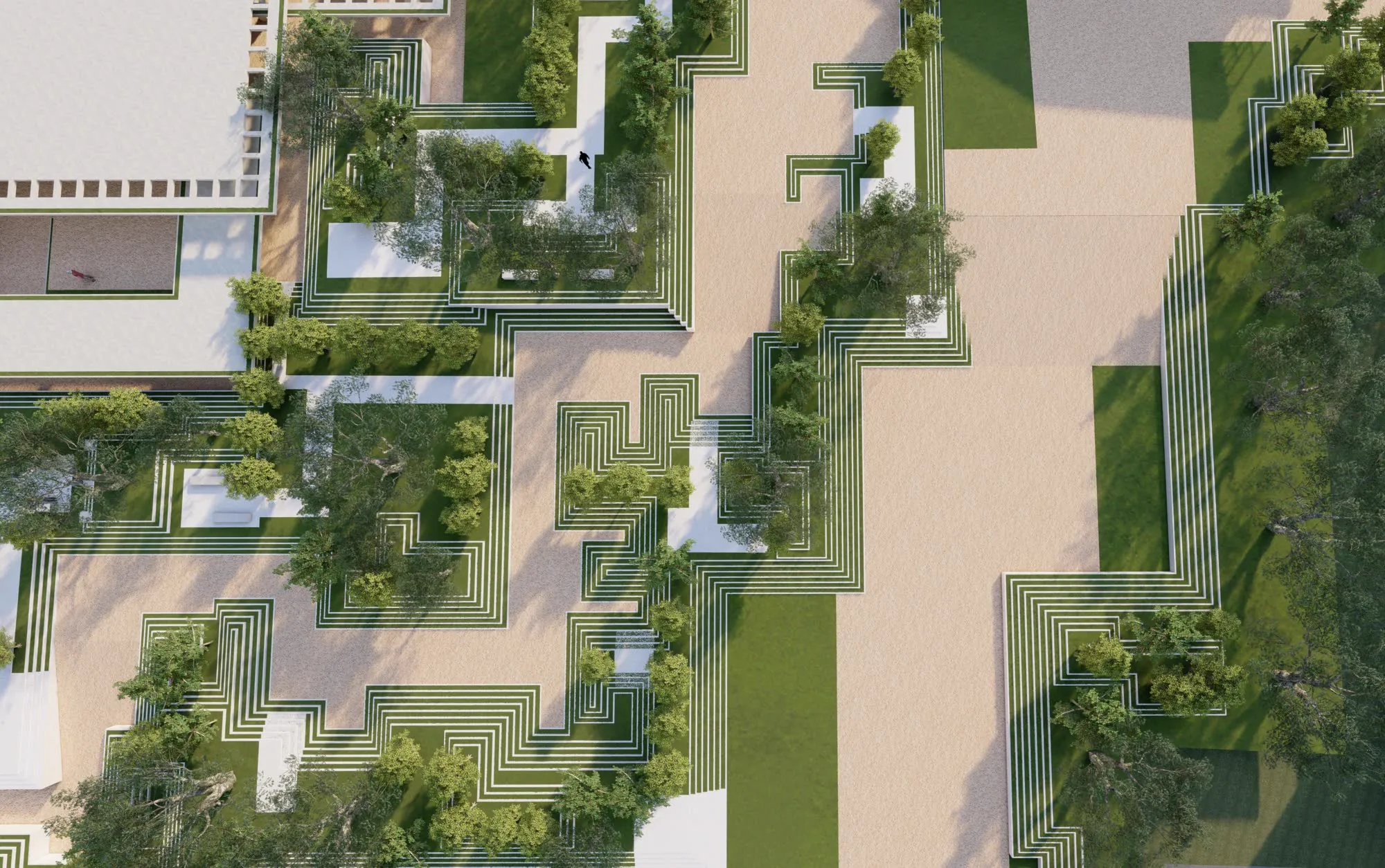 Vista dall'alto di un giardino pubblico: percorsi in ghiaia fra aiuole a gradoni con ulivi e prati