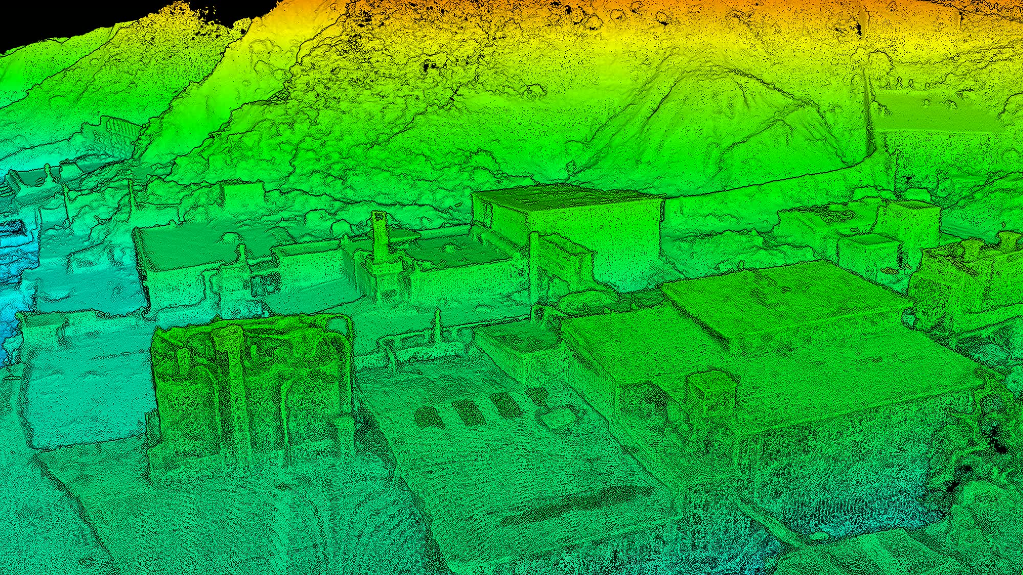 Nuvola di punti del complesso colorata in base alla quota, dal blu delle parti basse al rosso del versante