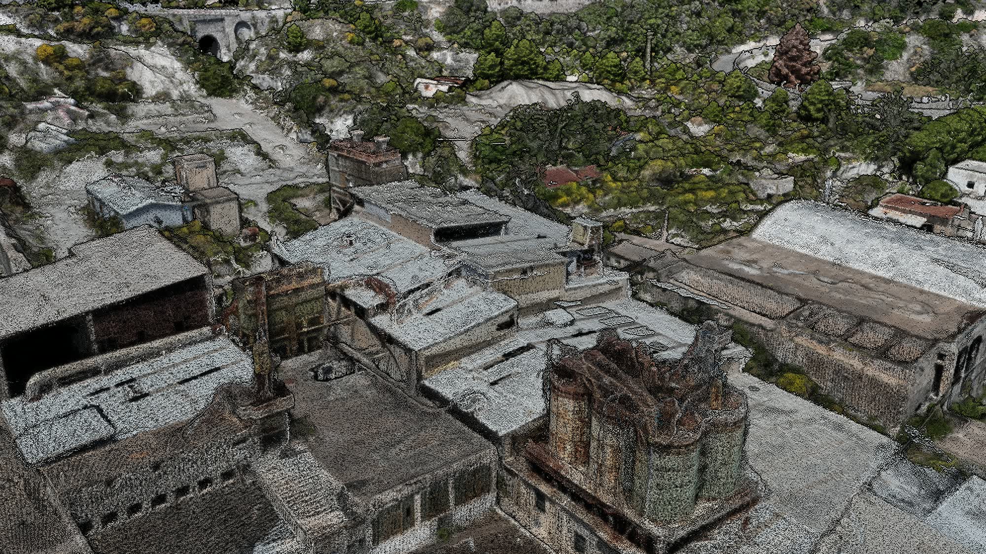 Nuvola di punti a colori reali di edifici e silos del complesso, da un altro punto di vista