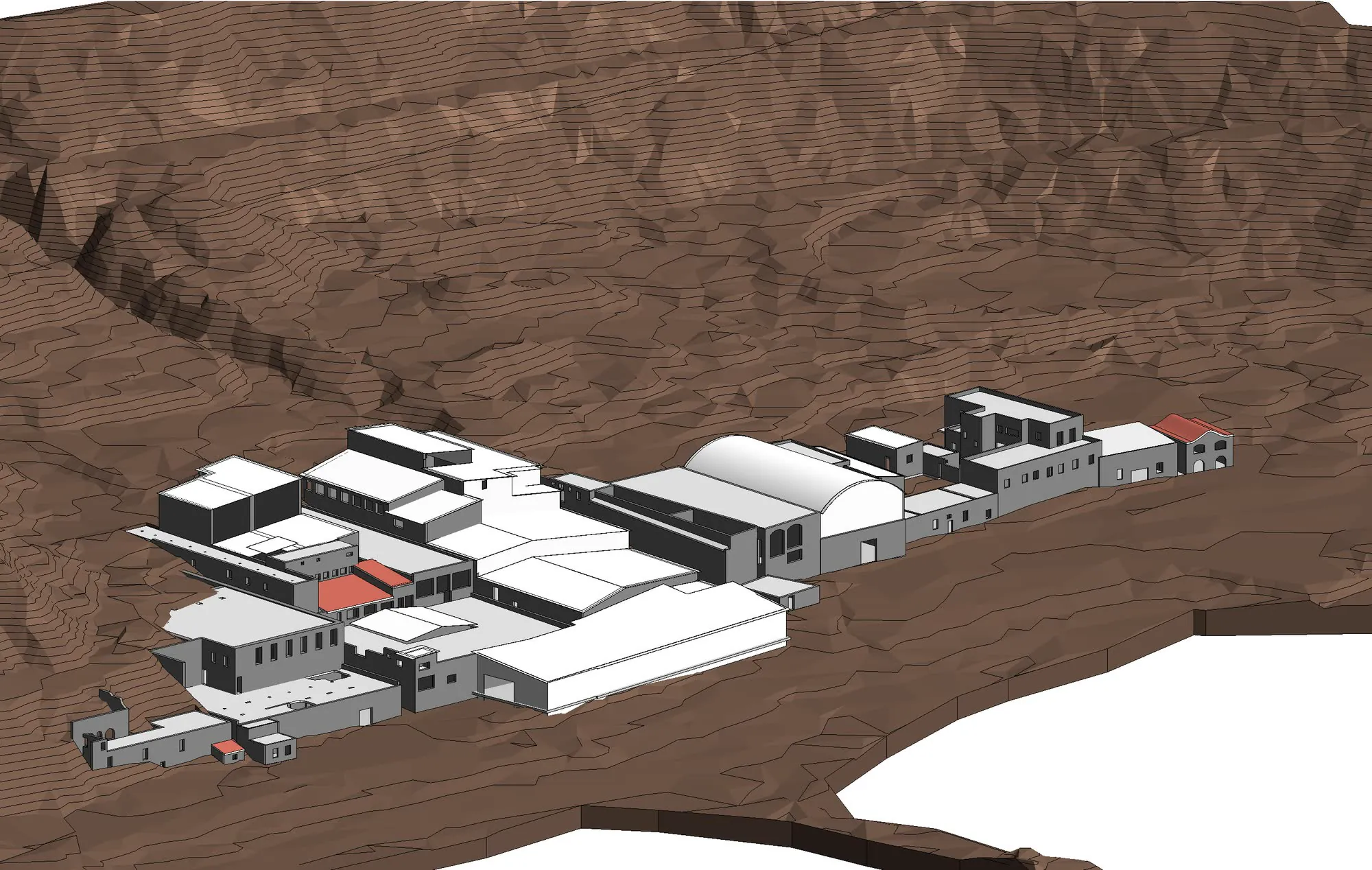 Modello BIM del complesso sul terreno modellato a curve di livello: capannoni, silos e versante
